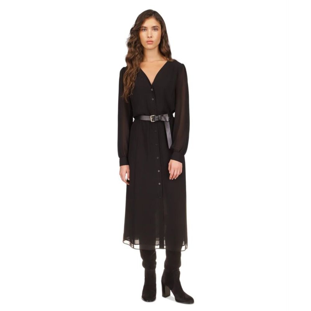 Michael Kors Womens Georgette Belted Shirt Dress, Black, XS, MP
